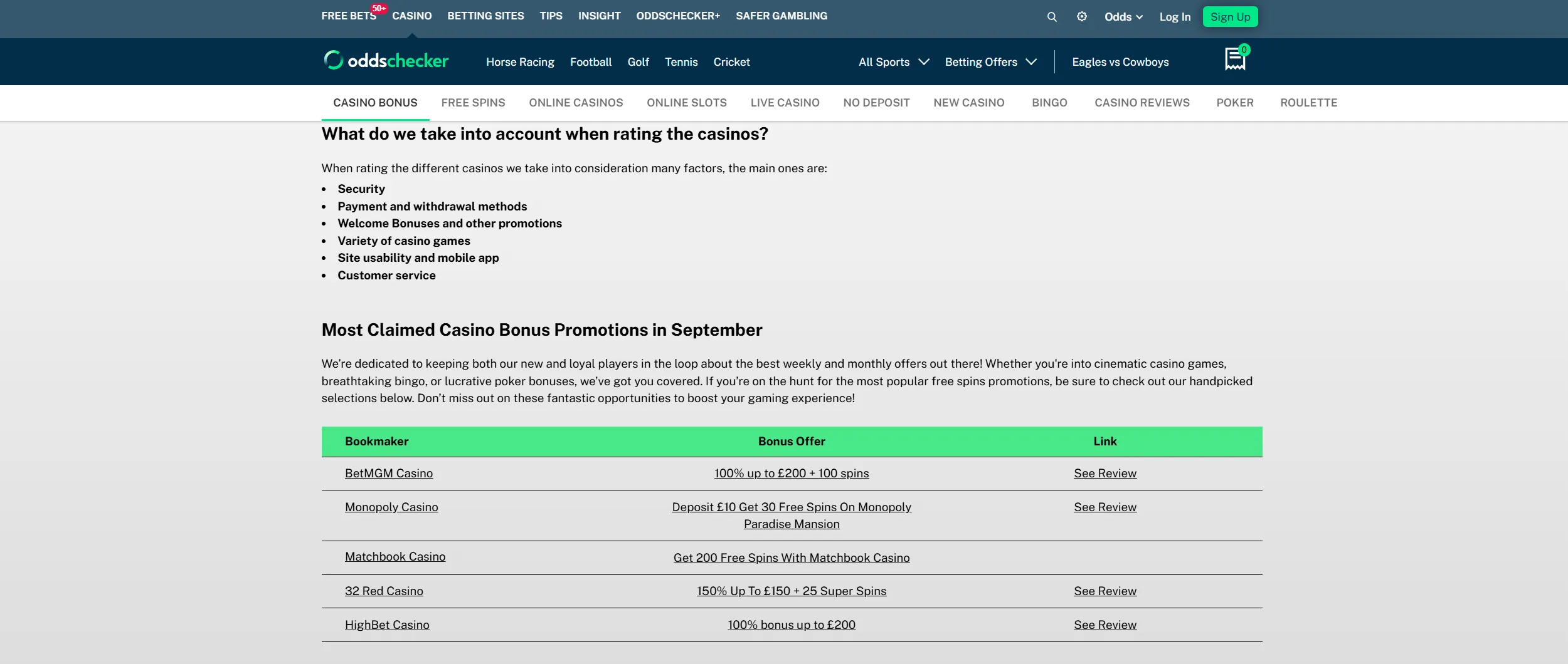 Screenshot of Oddschecker.com – Best Casino Bonuses & Sign-Up Offers